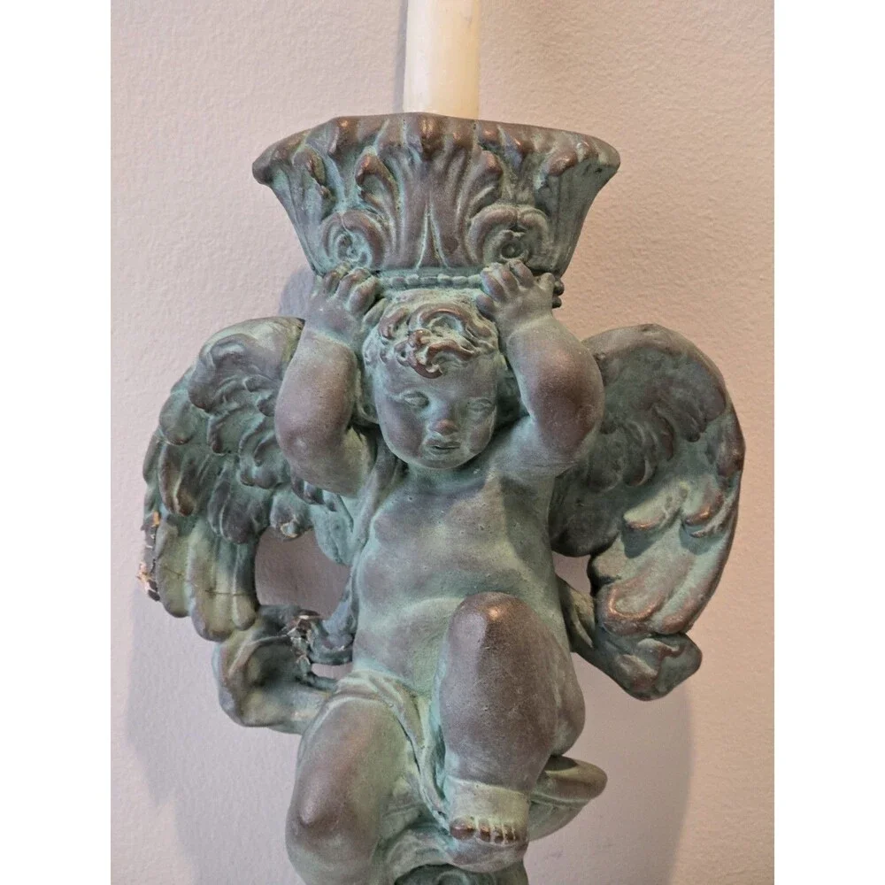 Antique Cherub Wall Sconce Candle Holder Chalkware Verdigris As-Is Repair